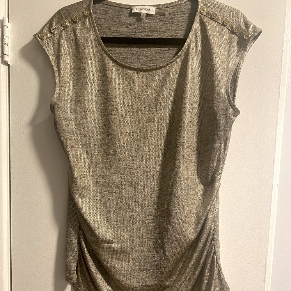 CALVIN KLEIN Metallic-ruched top with button detail on the shoulders.